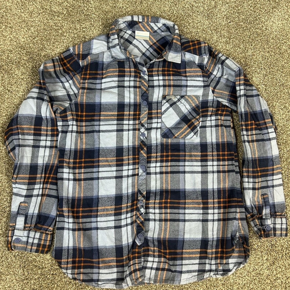 Columbia Flannel Shirt Women's M‎ Plaid Black Blue Gray Orange Button Up Pocket